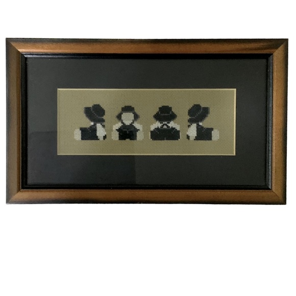 Amish Wall Decor Vintage Needlepoint Traditional Dressed Farmhouse Black White - Picture 1 of 16